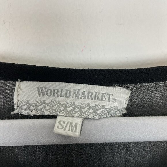 World Market Black Sheer Embroidered Top Tassled Sleeves Size Small Medium - Picture 5 of 7